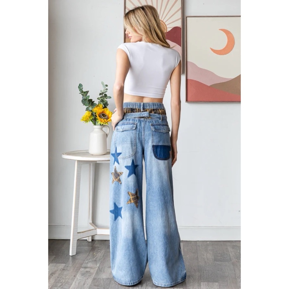 Oli & Hali Washed Star Love Patchwork Jeans with Plaid - Picture 4 of 8